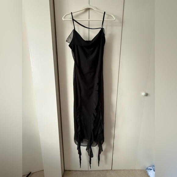NWT Cider MESH RUFFLE HEM RUCHED MIDI DRESS Size L (US 8) in Black 🖤 - Picture 2 of 6